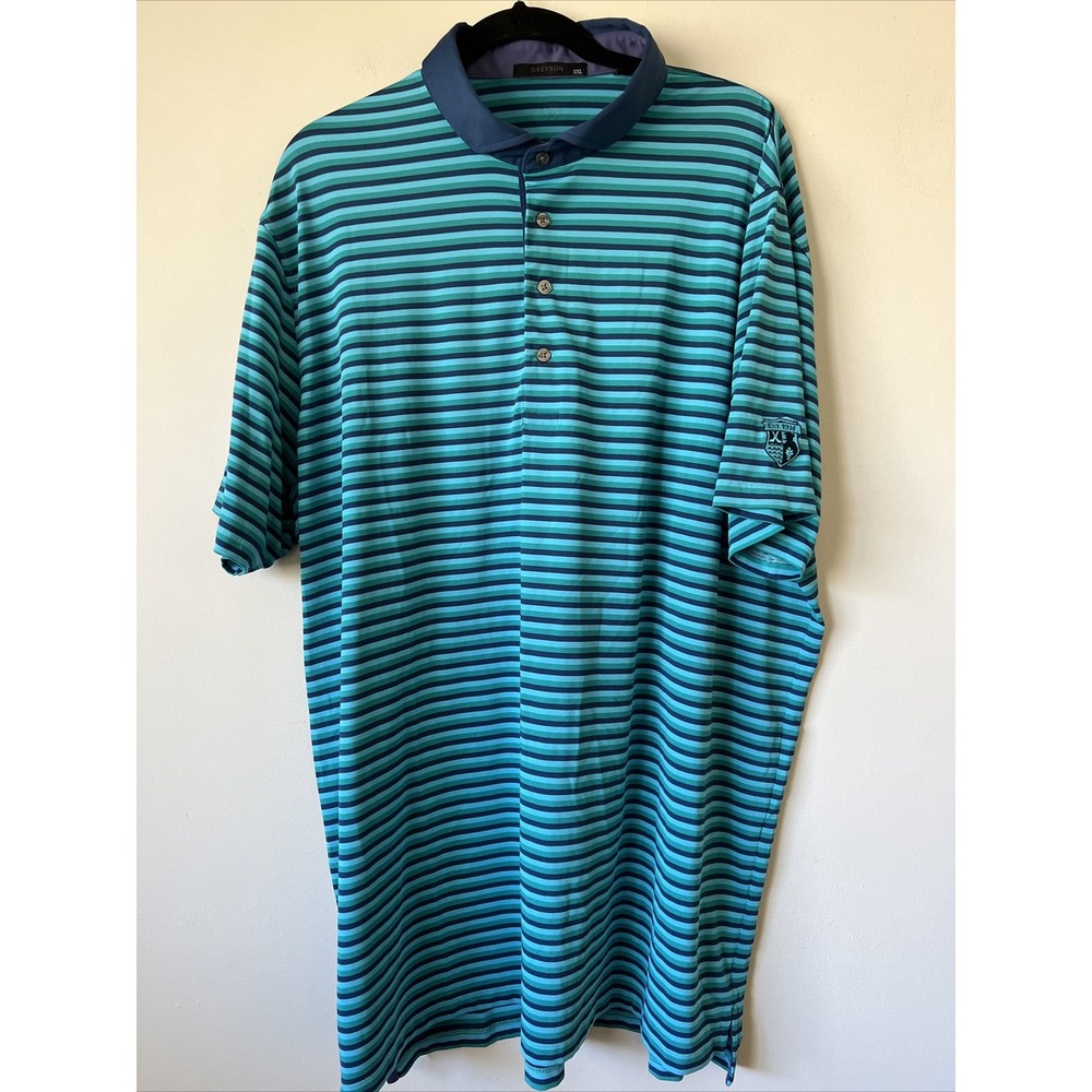 Greyson Polo Shirt Short Sleeve Blue Green Stripe Size XXL 2XL Golf Logo